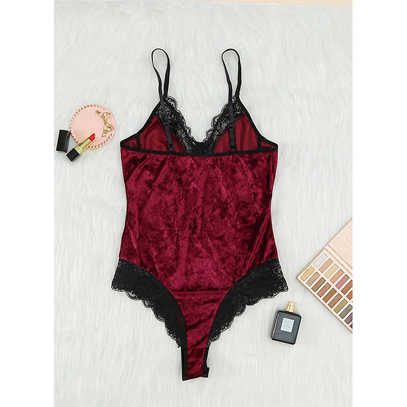 LUCKYFRIDAYF Red Velvet Lace Mesh Stitching Sexy Bodysuit Hollow Out Embroidered Push Up Women Jumpsuit Combinaison Femme L