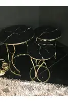 Black Marble Pattern Gold Foot 3'lü Zigon Coffee Table Set