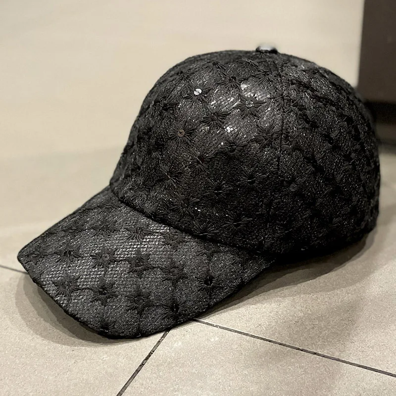 

Spring Summer Women Baseball Cap Lace Sequins Embroidery Flowers Hollow Mesh Breathable Fashion All-Match Sunshade
