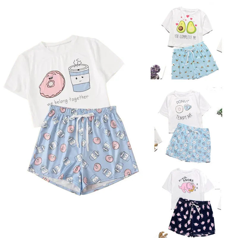 

Womens Summer Pajamas Sets Cute Sleepwear Cartoon Night Suit Sweet Nightwear with Shorts Home Clothing Short Sleeve Sleep Lounge
