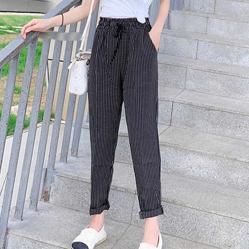 Женские брюки в полоску повседневные свободные шаровары с высокой эластичной