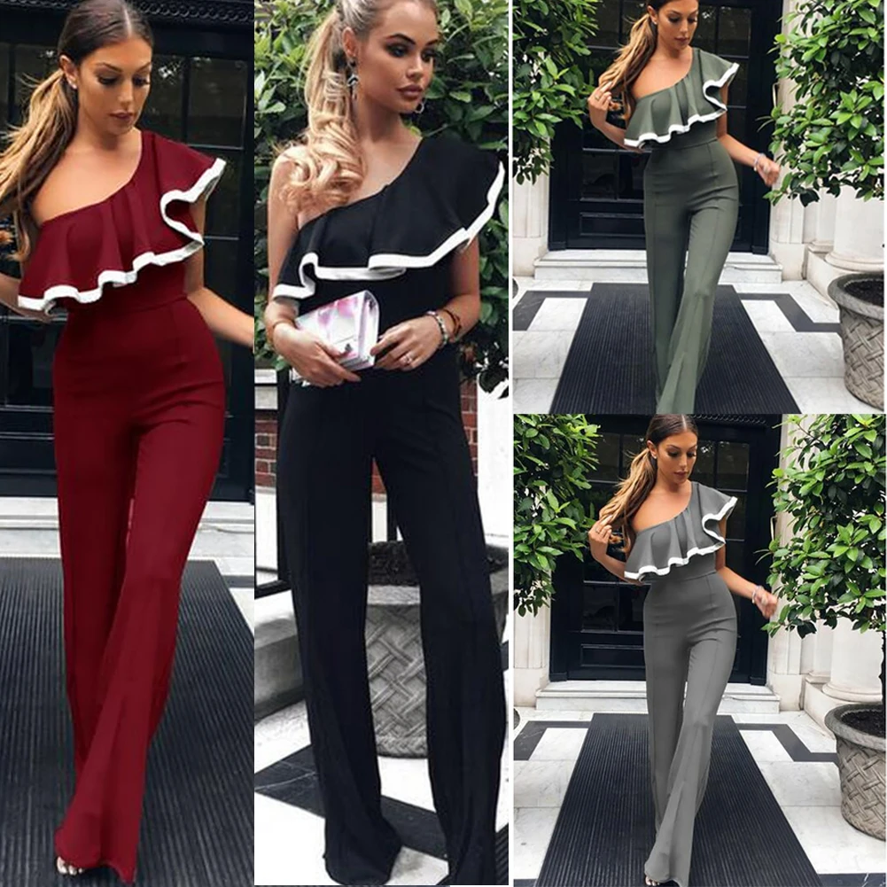 

New Summer Women Sexy Single Shoulder Falbala Collar High waist Loose Pants Trousers Jumpsuit Suit Slim Fit Coveralls