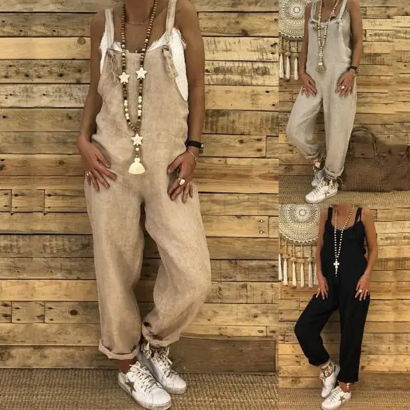 

New Vintage Cotton Linen Jumpsuits Casual Women Overalls Wide Leg Pants Vocation Dungarees Long Trousers Female Loose Rompers