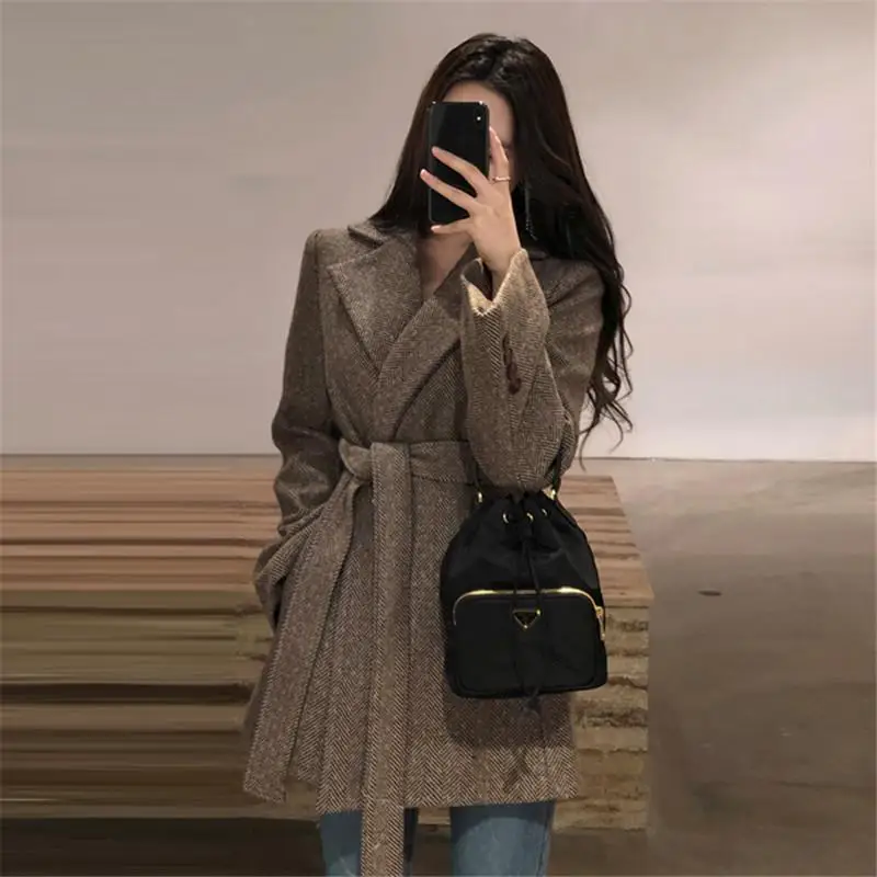 Women Autumn Winter Luxury Wool Blends Sash Waisted Slim Coats Elegant Plaid Printed OL Suits Vintage Chic Outfits | Женская одежда