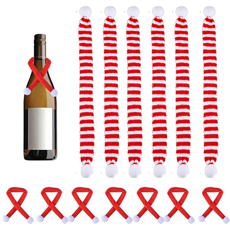 

6PCS Christmas Mini Scarf Christmas Stripes Wine Bottle Knit Scarf Doll Cover Xmas Party Ornament Home Decoration