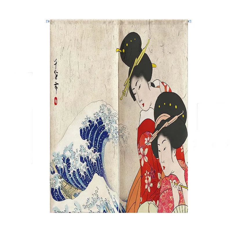 

Japanese Style Waves Kimono Door Curtain Fabric Partition Bathroom Sushi Kitchen Restaurant Biparting Open Screen Home Decor