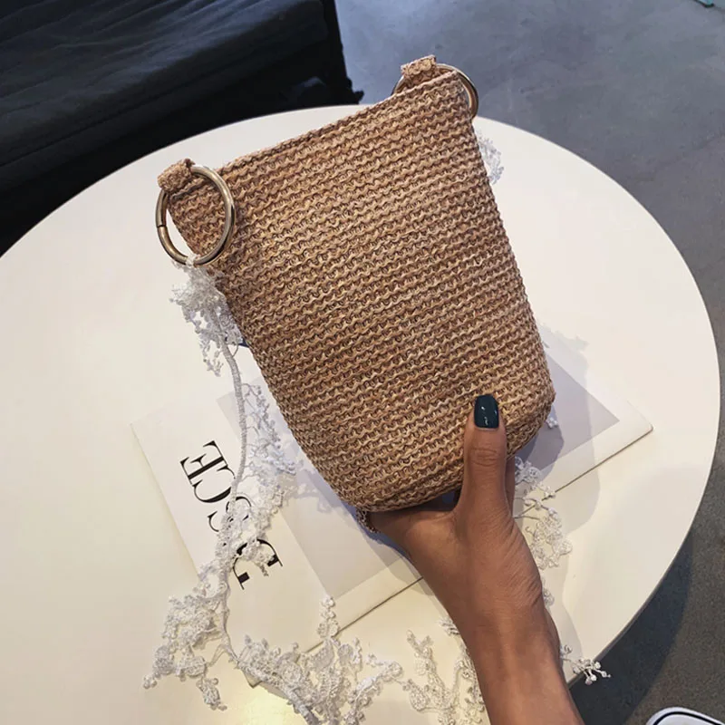 

Hot Straw Bucket Bud Ribbon Shoulder Bag Summer Beach Holiday Weaving Diagonal Literary Ladies Bag