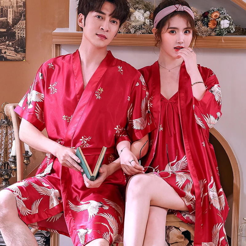 Men Summer Satin Silk Print Bathrobe Mens Luxury Kimono Bath Robe Women Sexy Robes Male Wedding Dressing Gown Hotel Honeymoon