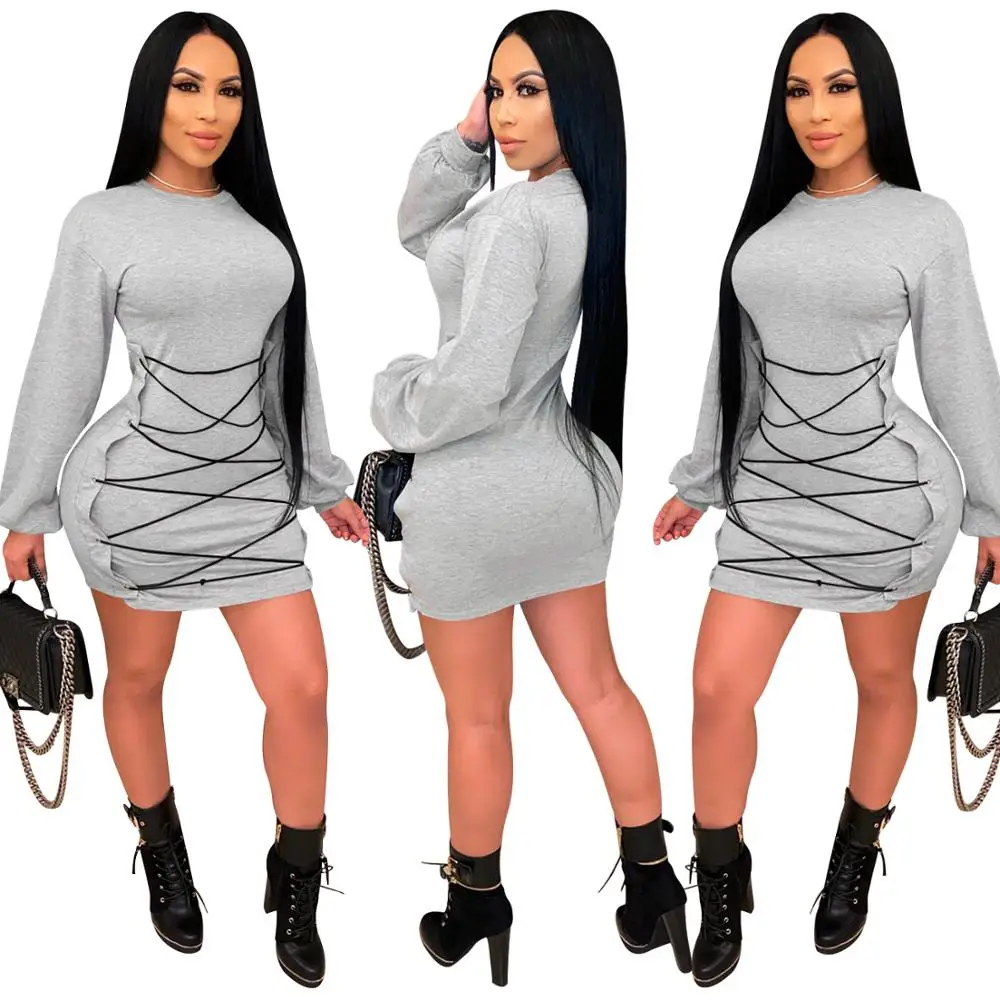 

Spring And Autumn New Fashion Women's Wear Solid Color Corns Bandage Dress With Round Neck And Long Sleeves Sexy Club Outfit