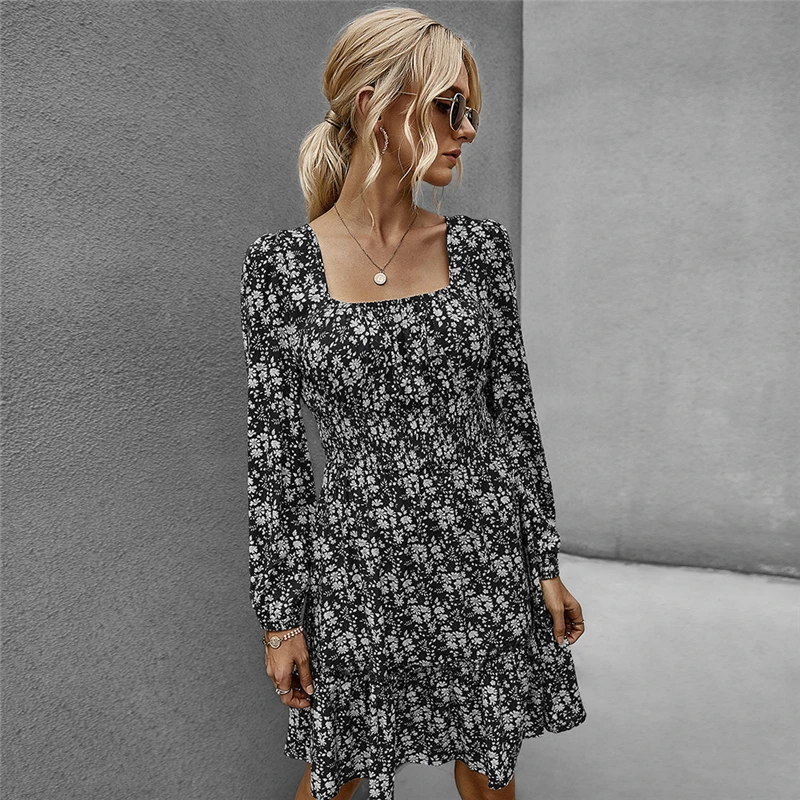 

Autumn Winter Vintage Print Dress Women Casual Square Collar Ruffles High Waist Floral Dress For Women 2021 New