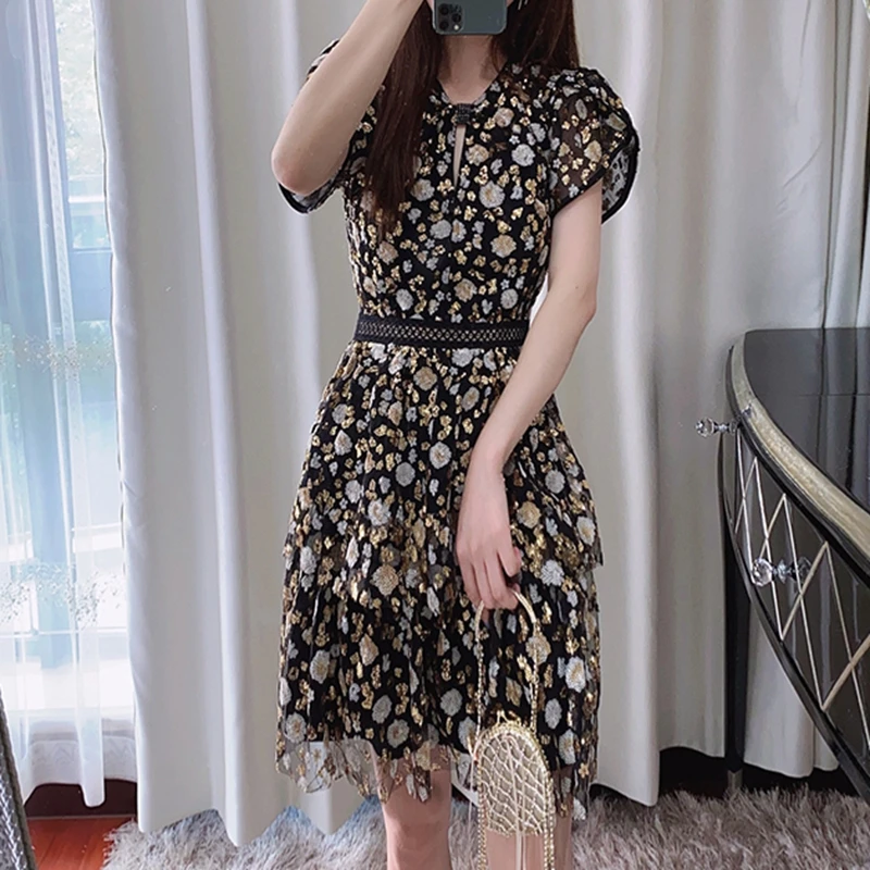 

2020 fall woman short dress mesh embroidery dresses