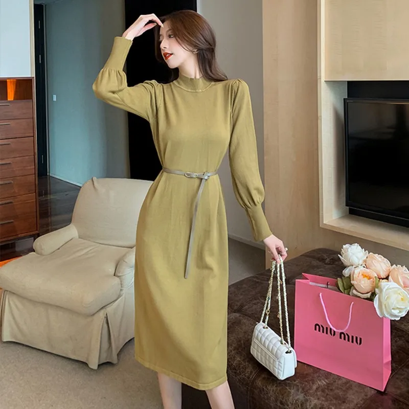

2021autumn winter Korean casual Elegant O-neck Knit Dress Women long Sleeve Sweater Casual knit dress Vestidos
