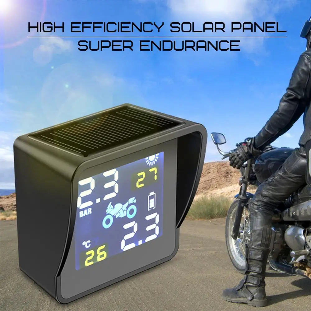 

USB Solar Charging Motorcycle TPMS Motor Tire Pressure Tyre Temperature Monitoring Alarm System with 2 External Sensors