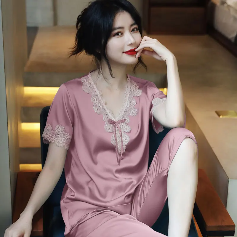 

2Pieces Short Sleeve Three Quarter Trousers Satin Pajamas Sets Faux Silk Womens Night Sleep Clothes Dropship Underwear Hot