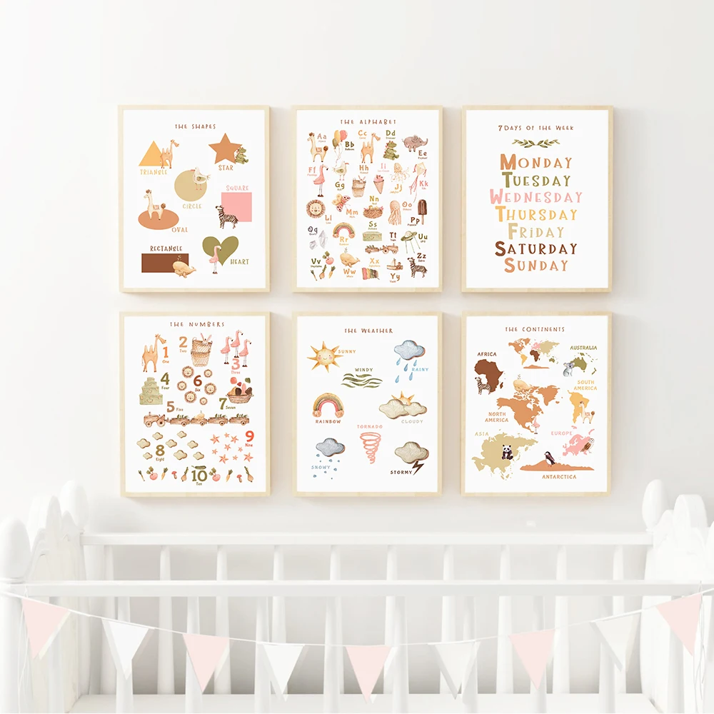 Playroom Nursery ABC Alphabet Numbers Poster Wall Art Canvas New Baby Girls Gift Kids Room Home Decor Painting Print Pictures