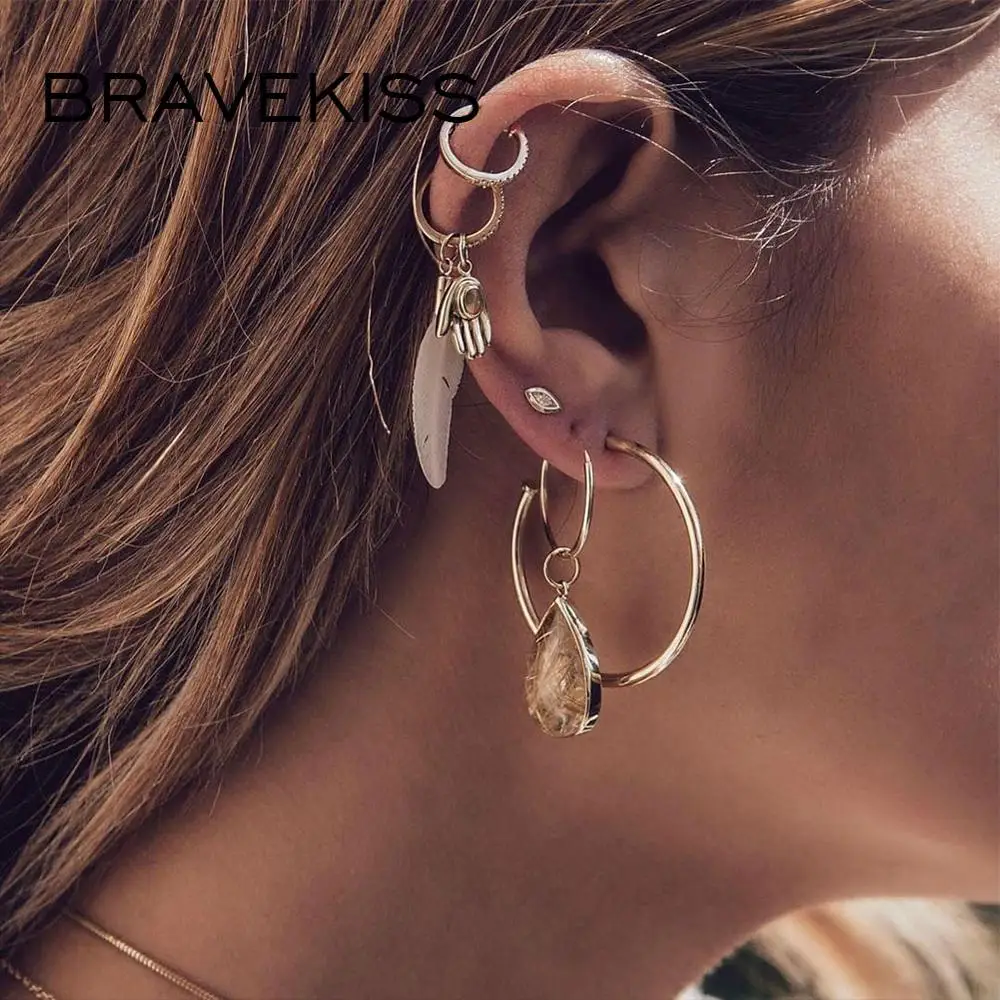 BRAVEKISS винтажный ручной круглый висячий лист золотой Комплект сережек для женщин