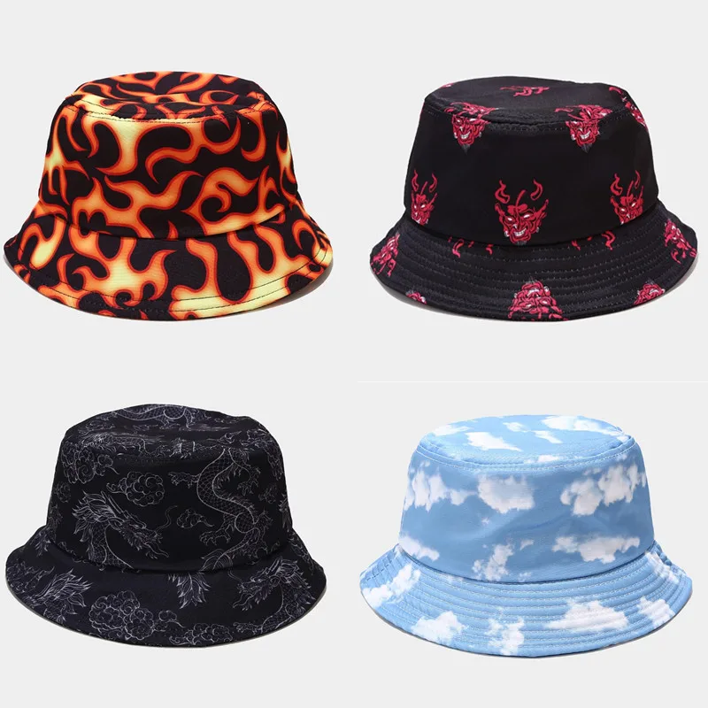 

2021 Tie dye, Butterfly,Fire, Cloud, Dragon Print Fisherman Hat for Men Women Outdoor Leisure Bucket Hat Sunscreen Female Sunhat