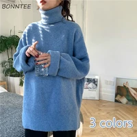 turtleneck sweaters women elegant winter thickening korean trendy teens sweater knitted solid chic side slit ladies pullover new