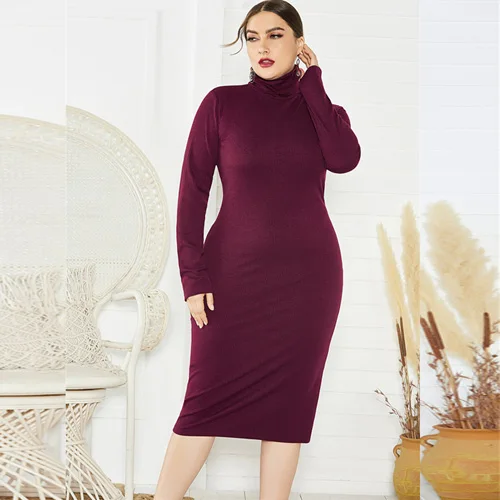 Красный BHflutter 4XL 5XL 6XL Plus Size Winter Dress Women Long Sleeve Turtleneck Knitted Dress Ladies Sexy Bodycon Vintage Dresses - Цвет: Красный