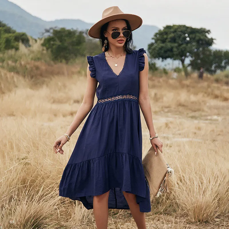 

2021 Spring New Hollow Out Patchwork Dress Women Casual V Neck Solid Flying Sleeve Dress For Woman Summer Knee Length Dresses