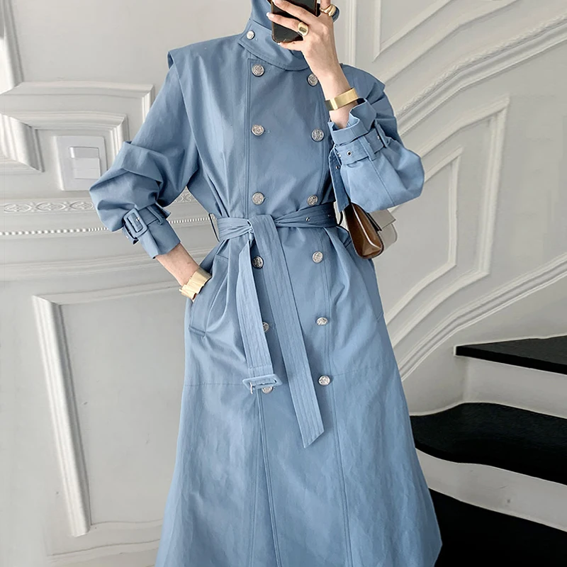 

Korean chic French British style stand-up collar heavy double-breasted loose long windbreaker jacket with belt women