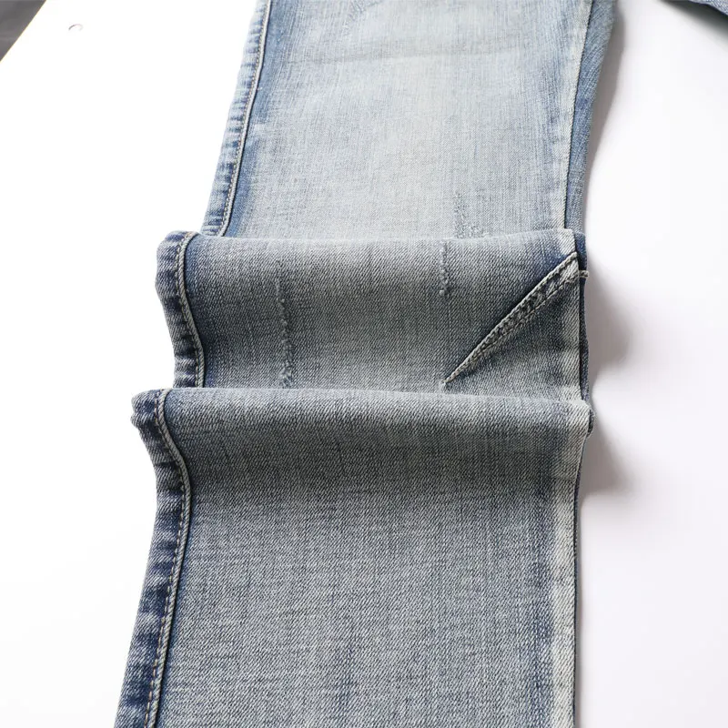 European Vintage Fashion Men Jeans Retro Light Gray Blue Elastic Slim Ripped Jeans Men Embroidery Designer Denim Pencil Pants