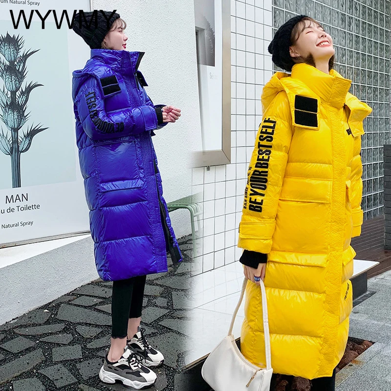 WYWMY Women Winter Jacket X-Long Parkas Ladies Coat Oversized Hooded Winter Jacket Women Glossy Thick Down Cotton Padded Jacket