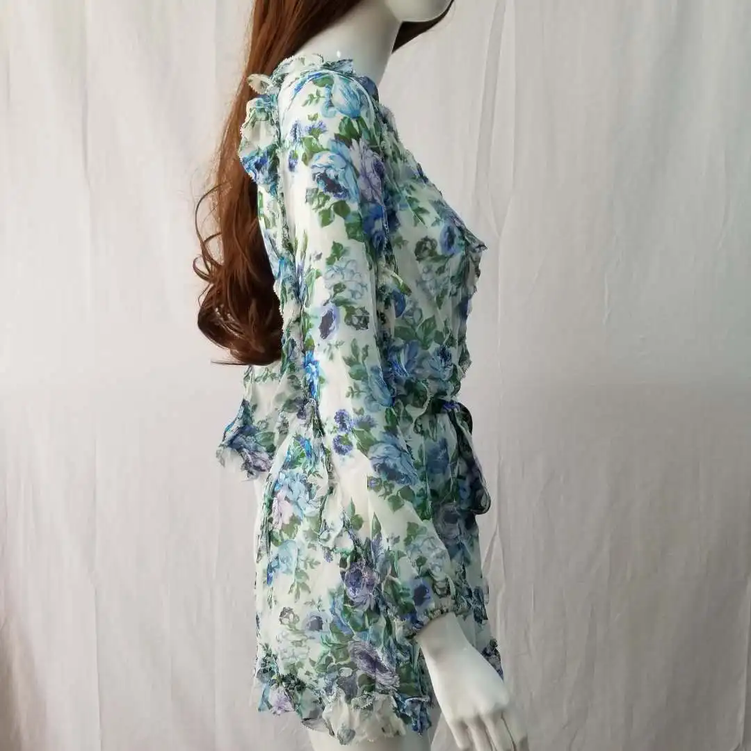 Женский пляжный комбинезон с оборками белый V-образным вырезом длинным рукавом и