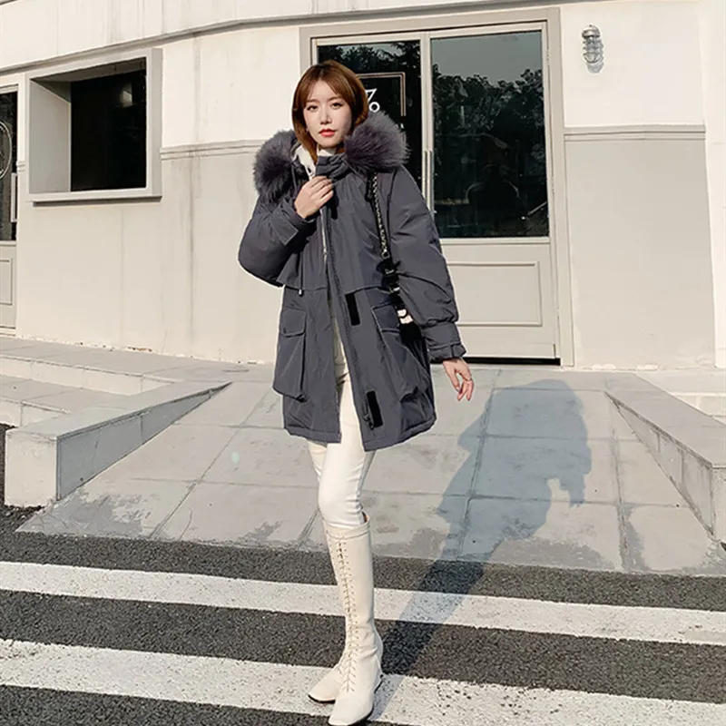 

Winter Polyester Women's Down Jacket Hooded Long Sleeve Cardigan Zipper Solid Loose Plus Size Fashion Office Lady Down Jacket