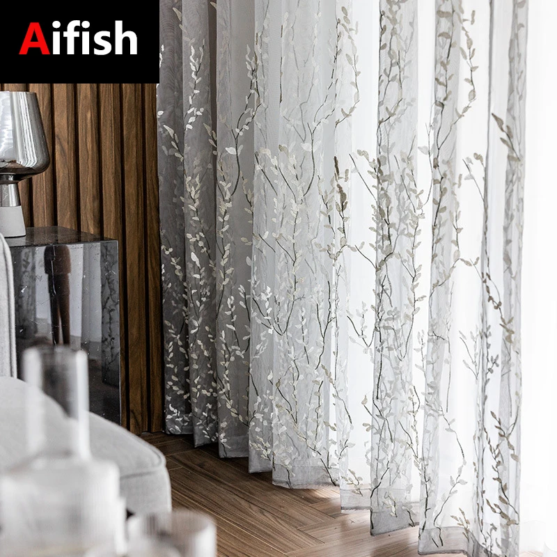 

Gray Embroidered Leaf Tulle Curtain Living Room Bedroom Bay Window White Tulle Balcony kitchen transparent Pastoral Tulle ZH207
