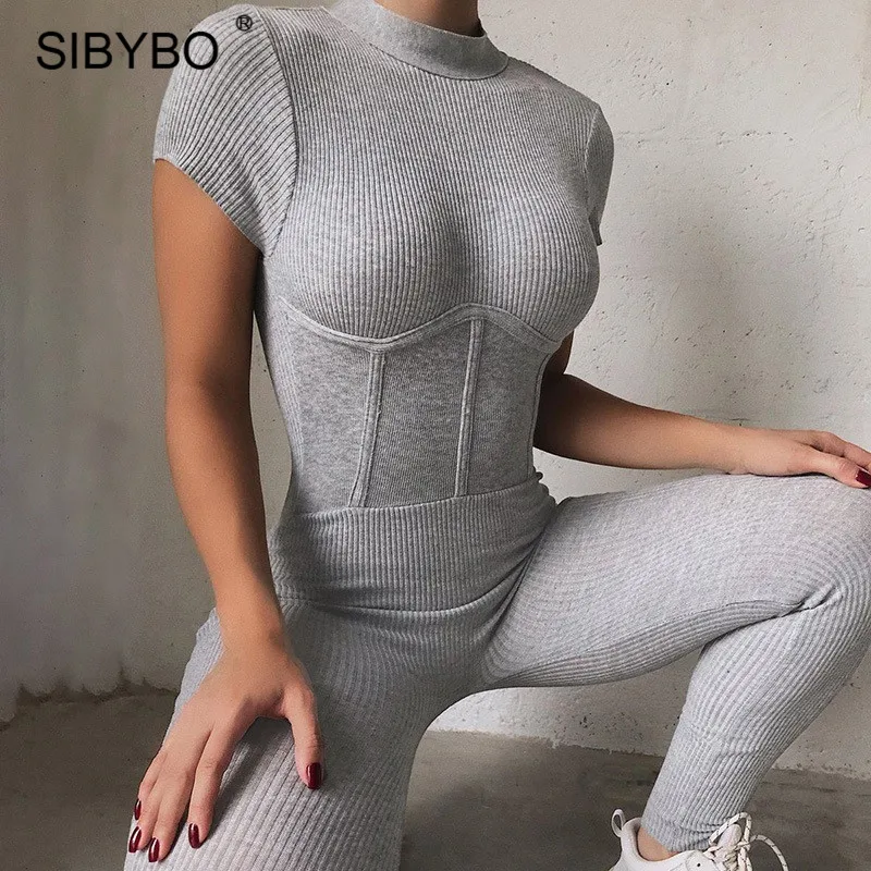 Женский трикотажный комбинезон в рубчик SIBYBO комбинезоны с коротким рукавом и