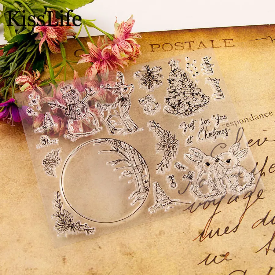 Рождественская елка милые кролики цветок листья снеговик буквы резиновые штампы