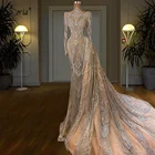 2021 серебряными Кристаллы Стразы Вечерние платья с длинным рукавом элегантное платье с v-образным вырезом Vestido De Festa Тюль бусины Формальные вечерние женское вечернее платье русалка