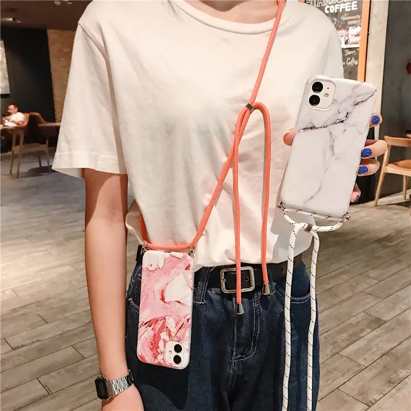 Чехол для телефона с ремешком и мраморной текстурой iPhone 13 12 11Pro Max XR XS X 6S 7 8 Plus