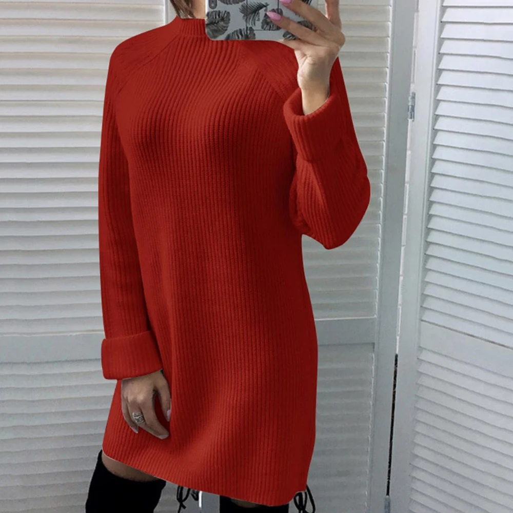 red CALOFE, Осень-зима, Женский однотонный вязаный свитер, платья, повседневные свободные хлопковые пуловеры с круглым вырезом, модное женское платье, пуловер - Цвет: red