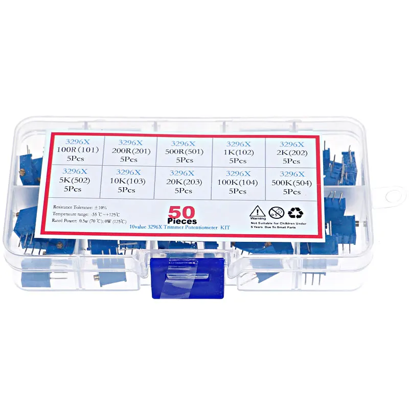 

50pcs 3296X series 100R 500R 1K 2K 5K 10K 20K 50K 100K 500K multi-turn potentiometer Variable resistors With box set