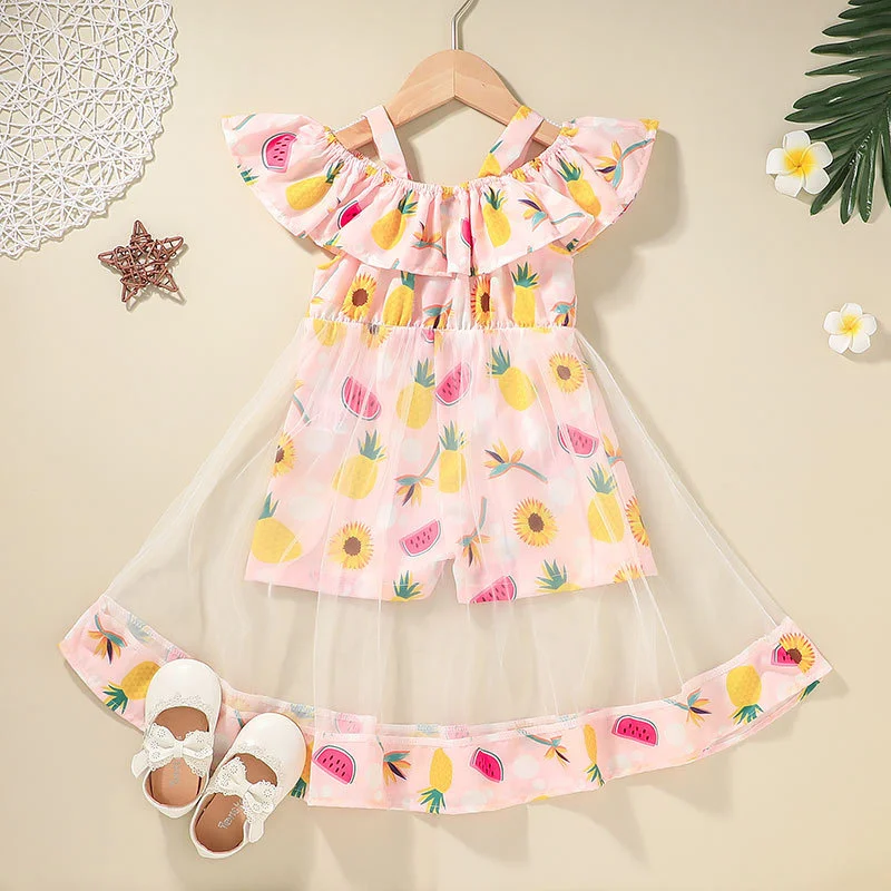 

2021 New Arrival Baby Girls Sweet Romper Toddlers Fruit Print Boat Neck Short Sleeve Jumpsuit Playsuits Infants Siamese Trousers