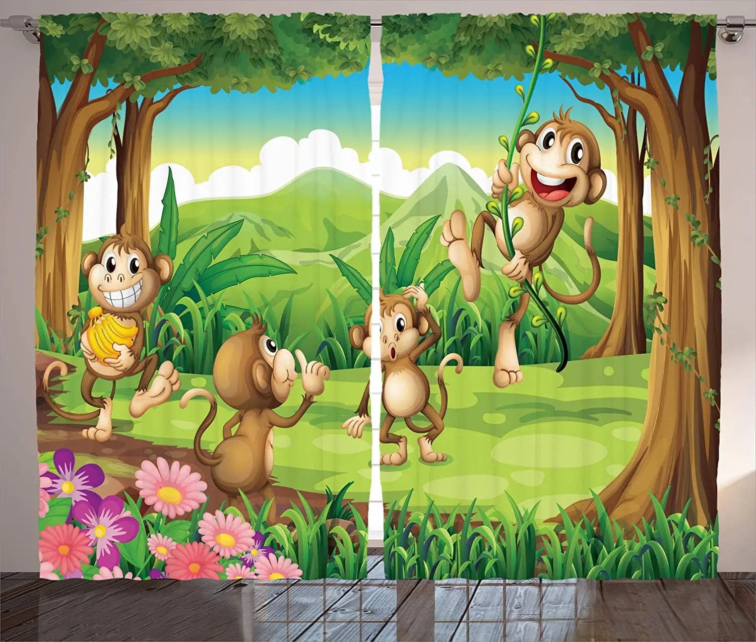 

Tropical Curtains Digital Dot Featured Fun Monkey Face Portrait Little Geometrical Rounds Print Living Room Bedroom Window Drape