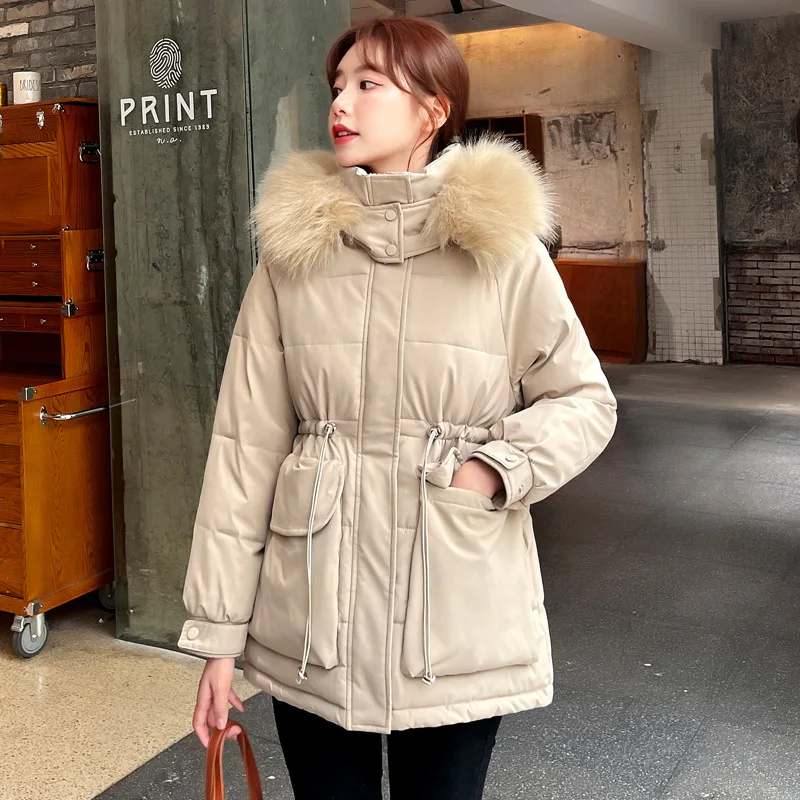 Winter Coat Clothing for Women  The New Thin Drawstring Thicken Hooded Big Fur Collar Ladies Cotton