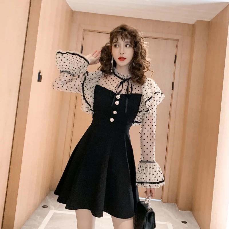 Женское цельнокроеное платье COIGARSAM черное Сетчатое во французском стиле с