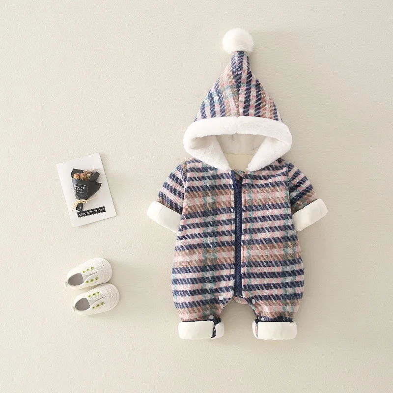 

Baby Winter Clothes Woolen Plaid Jumpsuit Plus Velvet Thick Romper Men and Women Baby Hooded Romper Bm*