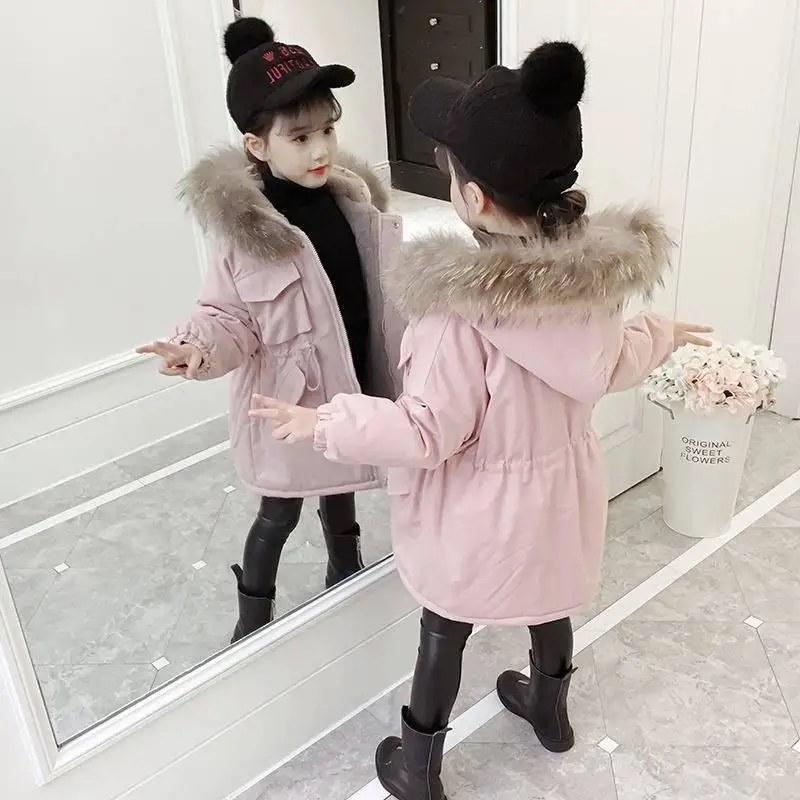 Розовый Коллекция года, новые зимние детские теплые плотные парки с хлопковой подкладкой для девочек, Куртка Детские Пуховые Пальто из бархата для девочек, верхняя одежда, W278 - Цвет: Розовый