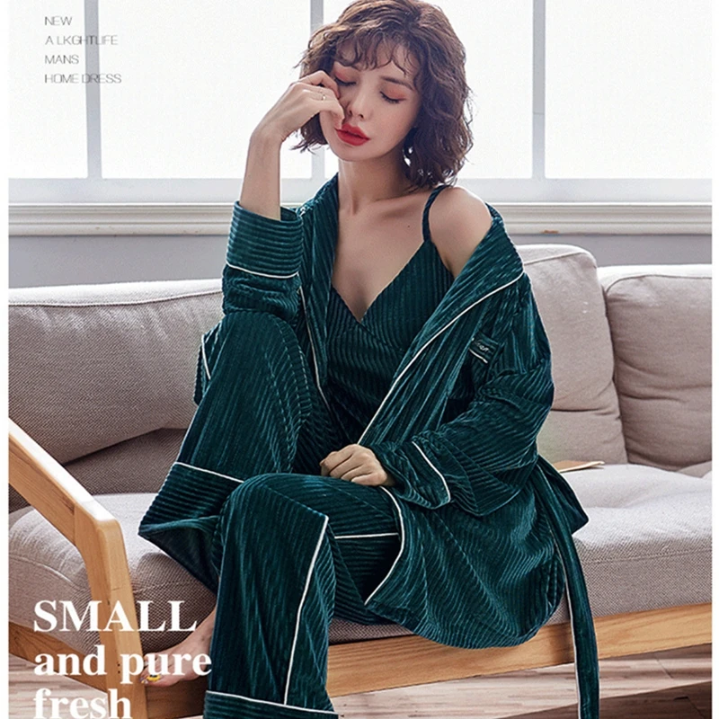 Kupokasi New Velvet Women Pajamas Set With Belt 3 Pieces Solid Color Female Sleepwear Soft Elegant Autumn Winter Homewear