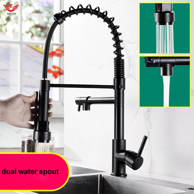 

Wetips Spring Pull-Down Kitchen Faucet Cold Hot Dual Handles Sink Faucets for Kitchen 360 Swivel Spout Stream Spray Basin Faucet