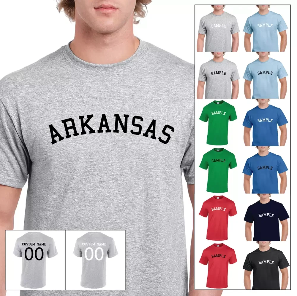 

State Arkansas College Text Sports Personalized Name Number Cotton T-Shirt