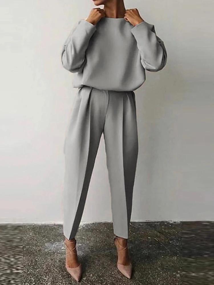 

Spring Autumn Women's Solid Color Long-Sleeve Casual Suit Pullover Daily Elegant Two Piece O-Neck Tops Long Pants Lady Fashion