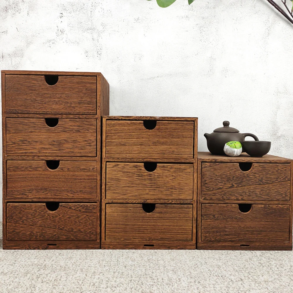 

Three Layers Wood Storage Box Desktop Pulling Type Storage Organizer (Brown)