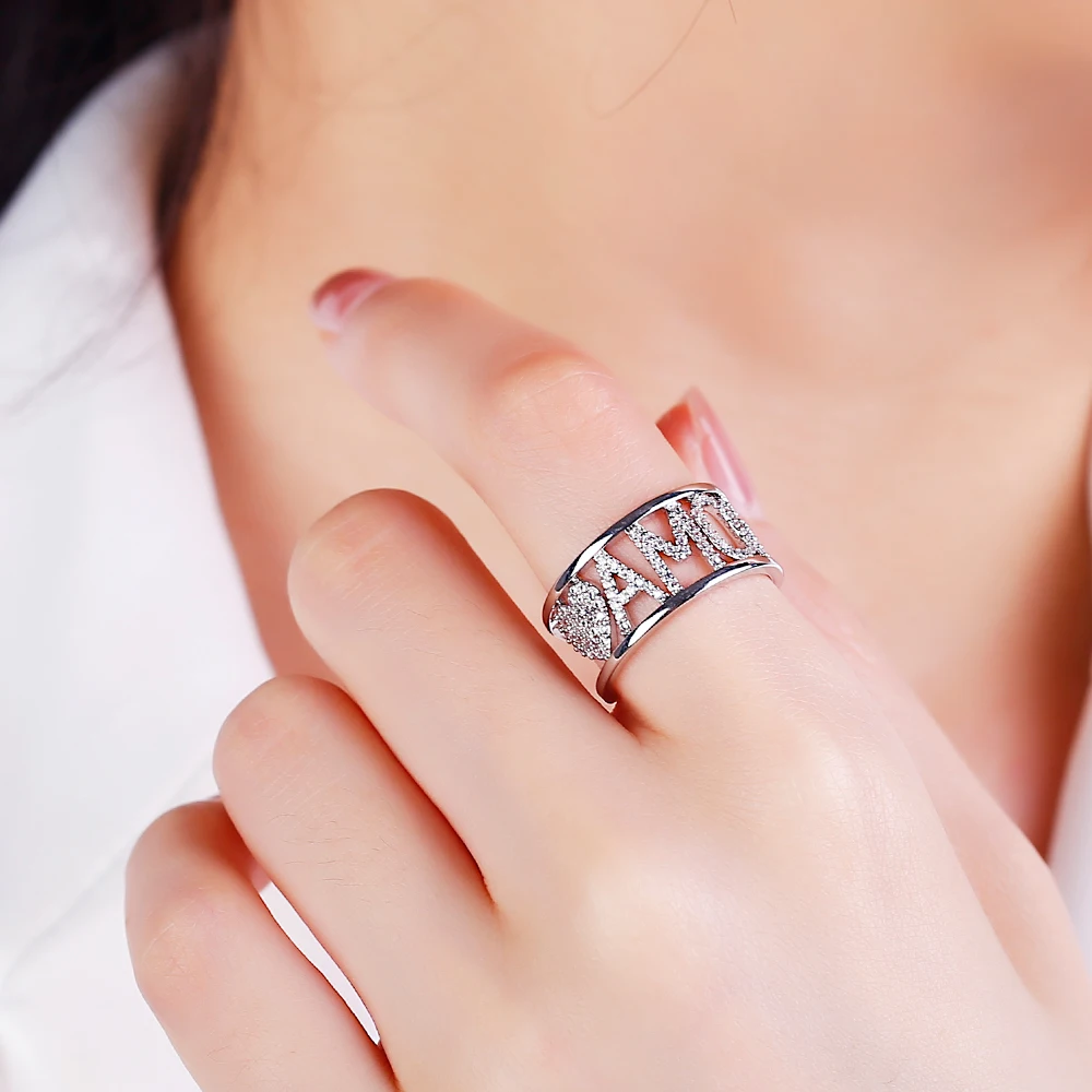 

AMOREA Letters lphebet Micro Pave CZ Words Ring Top Quality New Design Silvery Gold Open Cuff Finger Ring Gift for Women Men