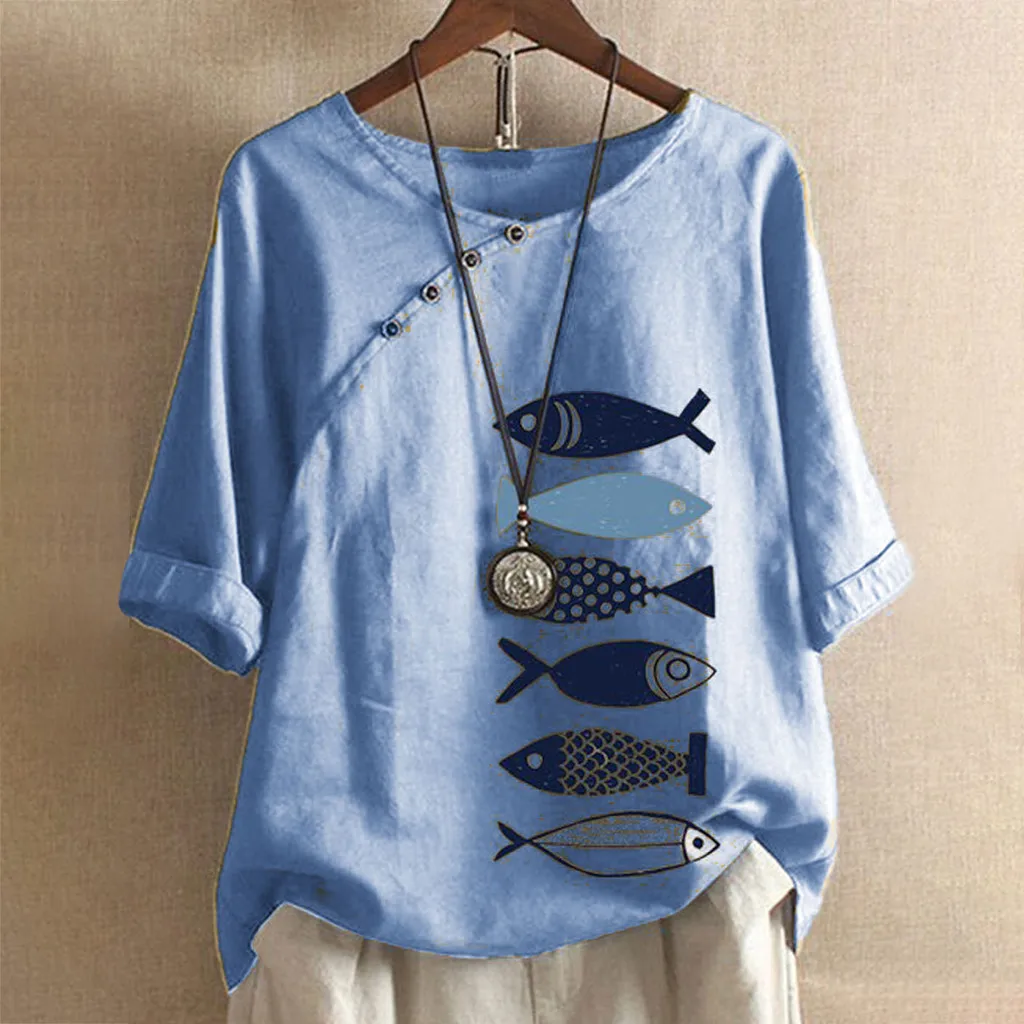 Женская футболка с круглым вырезом и принтом рыбы Повседневная Свободная