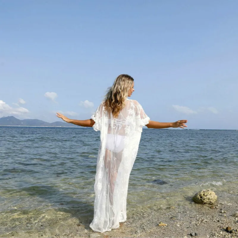 

Bathing Solid Color Floral Solid Color Beach Blouse on Vacation Mesh Embroidery Robe Lace Shirt Bat Sleeve Dress Women's Summer